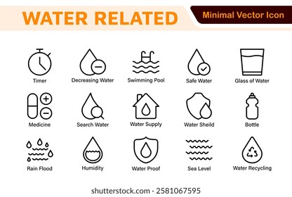 Water Related Icon Set. A refreshing collection of icons showcasing water conservation, aquatic life, and hydration, perfect for water awareness and sustainability.