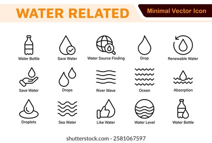 Water Related Icon Set. A refreshing collection of icons showcasing water conservation, aquatic life, and hydration, perfect for water awareness and sustainability.