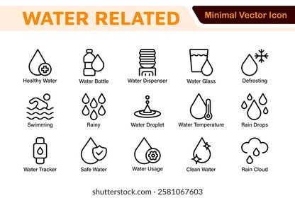 Water Related Icon Set. A refreshing collection of icons showcasing water conservation, aquatic life, and hydration, perfect for water awareness and sustainability.