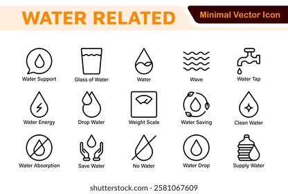 Water Related Icon Set. A refreshing collection of icons showcasing water conservation, aquatic life, and hydration, perfect for water awareness and sustainability.