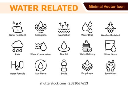 Water Related Icon Set. A refreshing collection of icons showcasing water conservation, aquatic life, and hydration, perfect for water awareness and sustainability.