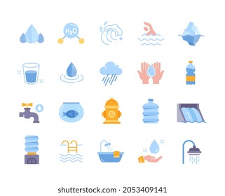 Iconos relacionados con el agua. Colección de pegatinas coloridas con molécula de agua, hidrante, gotas, iceberg y grúa. Diseñar elementos para sitios web. Juego de vectores planos de dibujos animados aislados en fondo blanco