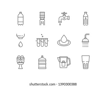 Water related icons with tonic, dispenser, crane, bottle, flask, drop, shower, fountain, filter, glass.