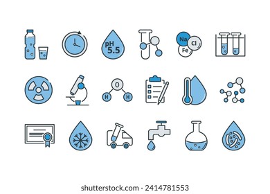 Water related line icon set in blue. Quality testing laboratory. Molecule, freezing point, bacterial,pollution, purification, certification, compliance vector illustration. Editable Strokes