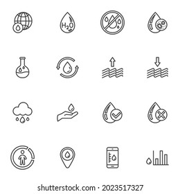 Water related line icons set, outline vector symbol collection, linear style pictogram pack. Signs, logo illustration. Set includes icons as water drop, rain cloud, hand washing, evaporation, droplet