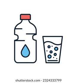 Icono vector relacionado con el agua. Botella de agua y un vaso lleno. Señal de agua potable. Aislado sobre fondo blanco. Ilustración vectorial editable