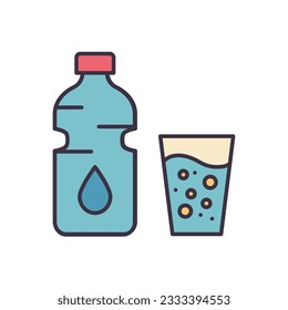 Icono vector relacionado con el agua. Botella de agua y un vaso lleno. Señal de agua potable. Aislado sobre fondo blanco. Ilustración vectorial editable