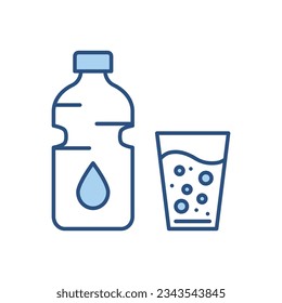 Icono vector relacionado con el agua. Botella de agua y un vaso lleno. Señal de agua potable. Aislado sobre fondo blanco. Ilustración vectorial editable