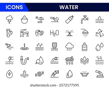 Water Related Vector Line Icons. Contains such Icons as Filter, Moister, Water Tap and more.