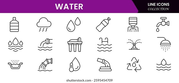 Water Related Vector Line Icons. Contains such Icons as Filter, Moister, Water Tap and more.