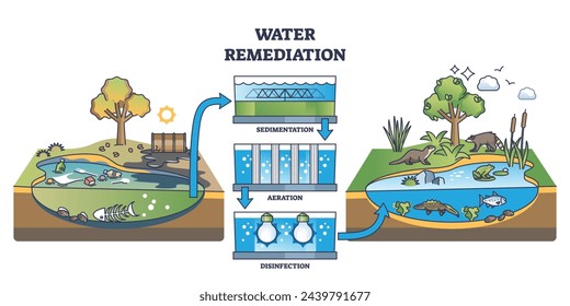 Water remediation process from polluted to clean outline diagram. Labeled educational scheme with sedimentation, aeration and disinfection stages vector illustration. Water contamination control.