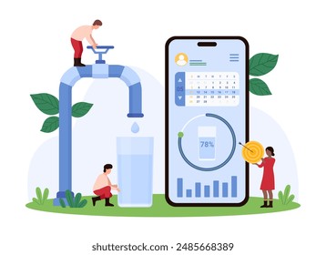 App móvil recordatorio de agua con aviso. Gente pequeña que controla la hidratación con el calendario y la tabla de círculo de carga en la pantalla del teléfono inteligente para beber más agua limpia Ilustración vectorial de dibujos animados