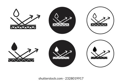 Water repellent surface icon set. Water resistant surface sign. Waterproof fabric line symbol.