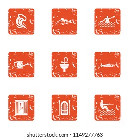 Water repose icons set. Grunge set of 9 water repose vector icons for web isolated on white background
