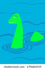 Water reptile in the middle of water. Green monster in water. Children's illustration, drawing.