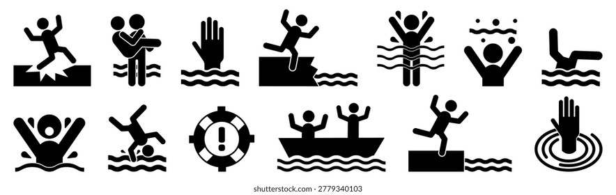 Water rescue and drowning emergency icon collection in black. Set of slipping, rescue boat, drowning, floating hand and swimming accident icons
