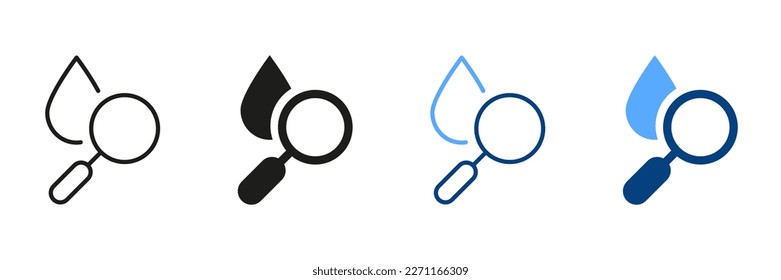 Wasserforschung Silhouette und Linie Icon Set. Gläser mit Wasserschwarz und Farbbild. Labortest. SignCollection für Flüssigkeitsqualitätsanalyse. Einzelne Vektorgrafik.