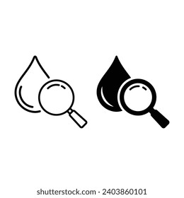 Water Research Silhouette and Line Icon Set. Magnifying Glass with Drop Water Black Pictogram. Laboratory Microbiology Test. Quality Analysis of Liquid Sign Collection. Isolated Vector Illustration.