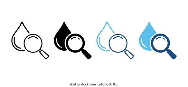 Water Research Silhouette and Line Icon Set. Magnifying Glass with Drop Water Black and Color Pictogram. Laboratory Test. Liquid Quality Analysis Sign Collection. Isolated Vector Illustration.