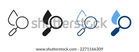 Water Research Silhouette and Line Icon Set. Magnifying Glass with Drop Water Black and Color Pictogram. Laboratory Test. Liquid Quality Analysis Sign Collection. Isolated Vector Illustration.