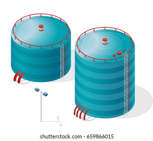 Water Reservoir Isometric Building Info Graphic. Blue Water Reservoir. White Water Supply Resource. Pictogram Industrial Chemistry Cleaner Set With Blue Details. Flatten Isolated Master Vector Icon.