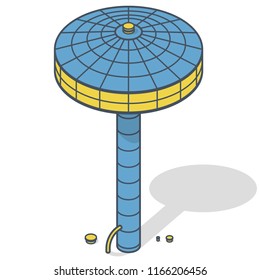 Water reservoir isometric building on column. Outlined water reservoir on pillar. White water supply resource. Pictogram industrial chemistry cleaner set with blue details. Flatten isolated master vec