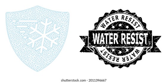 Water Resist rubber stamp seal and vector frost protection mesh structure. Black stamp seal includes Water Resist title inside ribbon and rosette. Abstract flat mesh frost protection,