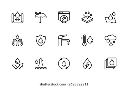 Water resistance related vector linear icons set. Isolated icon collection such as textile, smart devices, rain, umbrella, drop, membrane and more. Isolated icon collection of waterproof related.
