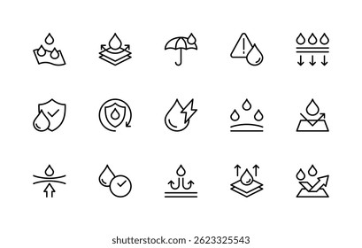 Water resistance related vector linear icons set. Isolated icon collection such as fabric, drop, water-resistant, waterproof, protection and more. Isolated icon collection of waterproof related.