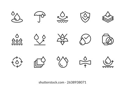 Water resistance related vector linear icons set. Isolated icon collection such as drop, umbrella, water, shield, arrows, waterproof, water and more. Isolated icon collection of waterproof related.