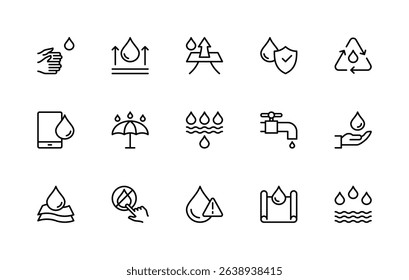 Water resistance related vector linear icons set. Isolated icon collection such as hands, tap, cycle, waterproof, rain, umbrella, drop, water and more. Isolated icon collection of waterproof related.