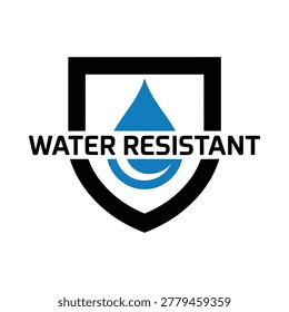 A water resistant icon featuring a shield shape with a blue droplet, presented as a