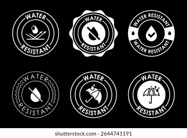 Water resistant icons set design, Waterproof sign, liquid proof protection white on black background