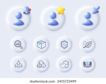 Iconos de línea de rocío de paquetería y hojas resistentes al agua. Marcador de posición con cursor 3d, campana, estrella. Paquete de medicamentos médicos, sangre, icono de análisis de datos. Galardonado, pictograma de protección solar. Vector