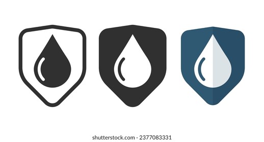 Water resistant protection icon, waterproof shield pictogram glyph graphic symbol, rainproof fabric label flat blue and black white set line outline art, moisture wet defense guard security sign image