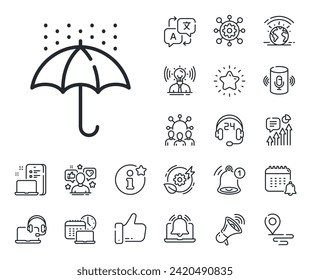 Water resistant sign. Place location, technology and smart speaker outline icons. Waterproof umbrella line icon. Rain protection symbol. Waterproof umbrella line sign. Vector