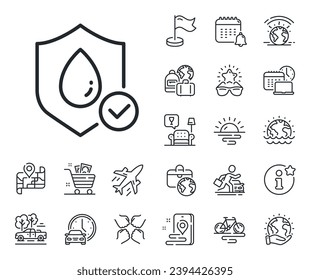 Water resistant sign. Plane jet, travel map and baggage claim outline icons. Waterproof line icon. Liquid drop protection symbol. Waterproof line sign. Car rental, taxi transport icon. Vector