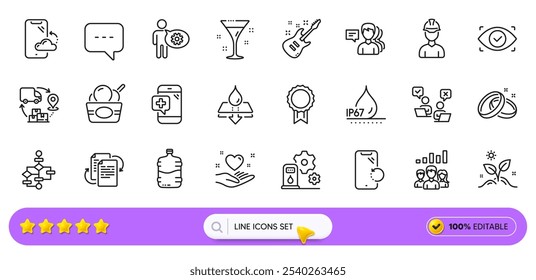 Iconos resistentes al agua, nube de teléfono inteligente y línea de recuperación de teléfono inteligente para App de Web. Pack de iconos de pictogramas de Personas, guitarra eléctrica, impermeable. Cóctel, corazón, carteles de helado. Barra de Búsqueda. Vector