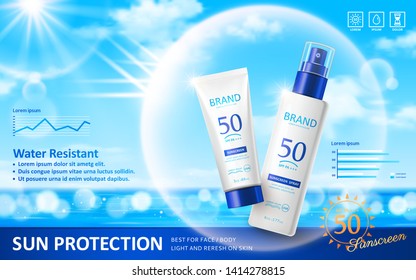 Water resistant sunscreen ads with light shield on bokeh glitter ocean background in 3d illustration