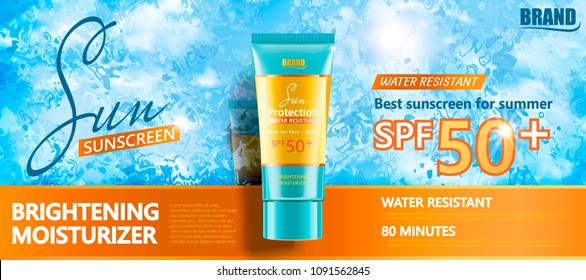 Water resistant sunscreen tube product on water surface in 3d illustration