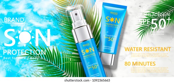 Water Resistant Sunscreen Tube And Spray Bottle On Marble Stone And Swimming Pool Background In 3d Illustration