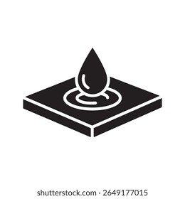 Ícone de superfície resistente à água com uma gota de líquido em um plano plano que representa um revestimento à prova d'água e ícone de glifo sólido do vetor da propriedade do material hidrofóbico