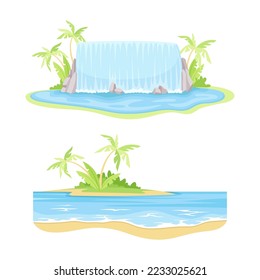 Water Resources with Falling Waterfall and Ocean with Island Vector Set