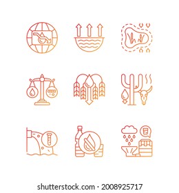 Water resources lacking gradient linear vector icons set. Water scarcity. Disappearing wetlands. Crop shortage. Thin line contour symbols bundle. Isolated vector outline illustrations collection