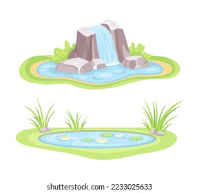 Water Resources with Pond and Waterfall Vector Set