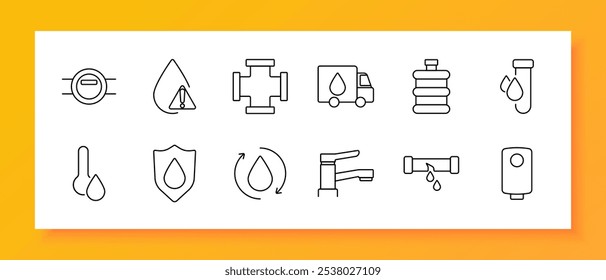 Icono de conjunto de recursos hídricos. Caída, alerta de agua, tubería, camión de entrega, tanque de agua, tubo de ensayo, temperatura, escudo, reciclaje, grifo, tubería, caldera