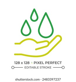 Water resources two color line icon. Hand and water droplets bicolor outline symbol. Water management. Drinking water. Duotone linear pictogram. Isolated illustration. Editable stroke