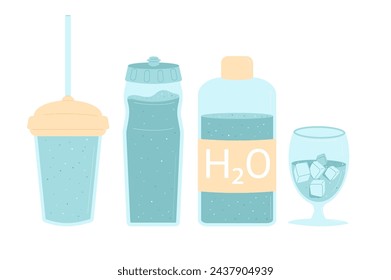 Contenedores reutilizables de agua establecidos aislados sobre fondo blanco. Bebida limpia fresca en vidrio, botella deportiva. Bebida fría y saludable. Mantente hidratado. Ilustración plana vectorial.