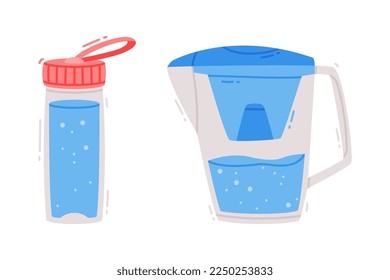 Water in Reusable Flask and Pitcher Filter with H2O Pure Liquid Poured Inside Vector Set