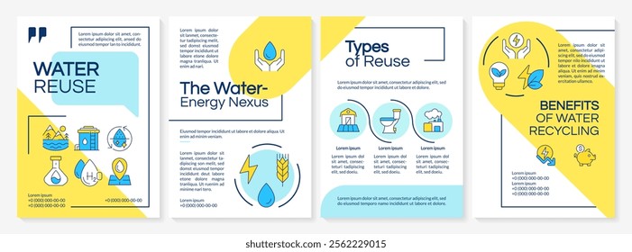 Water reuse blue and yellow brochure template. Liquid sources management. Environment conservation. Leaflet design with linear icons. Editable 4 vector layouts